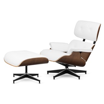Fotel Lucera z podnóżkiem insp. Lounge Chair Biała Skóra Jasny orzech Czarna-z-chromowanymi-grzbietami