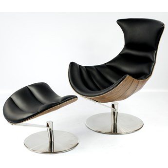 Fotel Vasto Lounge Chair z podnóżkiem obrotowy do salonu Czarny Jasny orzech