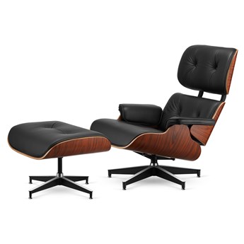 Fotel Lucera XL z podnóżkiem insp. Lounge Chair Czarna Skóra Brazylijski palisander Czarna-z-chromowanymi-grzbietami