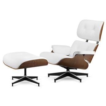 Fotel Lucera XL z podnóżkiem insp. Lounge Chair Biała Skóra Jasny orzech Czarna-z-chromowanymi-grzbietami