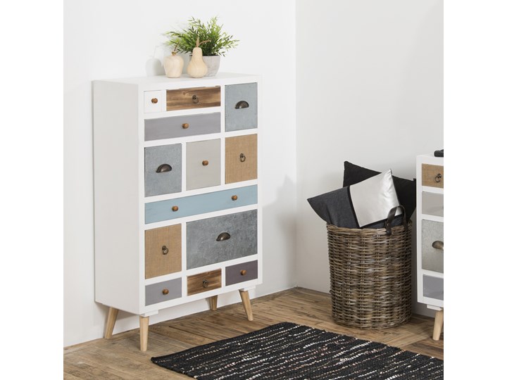 SELSEY Komoda Sjever z trzynastoma kolorowymi skrytkami Szerokość 103 cm Wysokość 75 cm Drewno Wysokość 114 cm Szerokość 70 cm Sosna Głębokość 35 cm Głębokość 30 cm Styl Nowoczesny