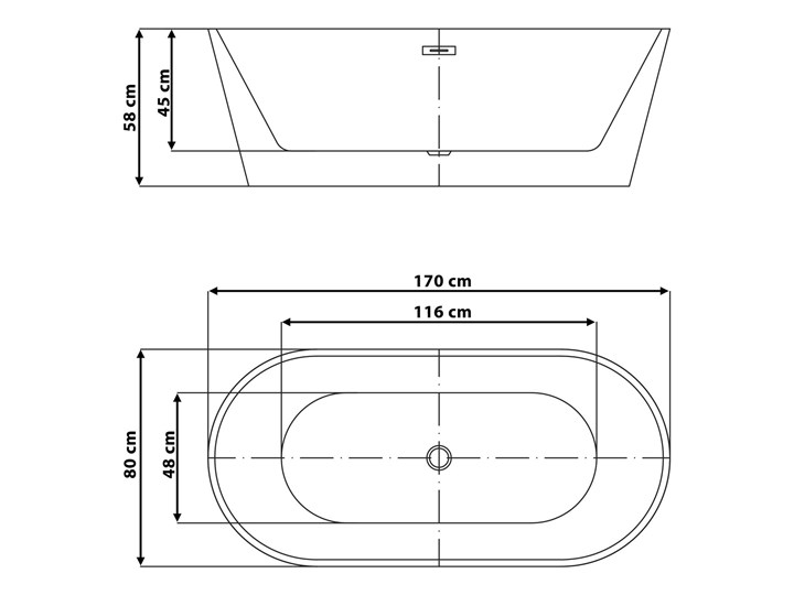 Wanna wolnostojąca biała akrylowa 170 x 80 cm system przelewowy owalna nowoczesna Wolnostojące Długość 170 cm Kolor Biały