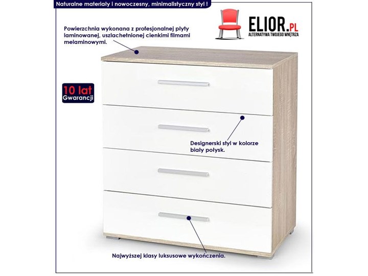 Minimalistyczna komoda Lines C4 - biała + dąb sonoma Drewno Styl Minimalistyczny Głębokość 40 cm Z szufladami Szerokość 77 cm Wysokość 82 cm Pomieszczenie Salon