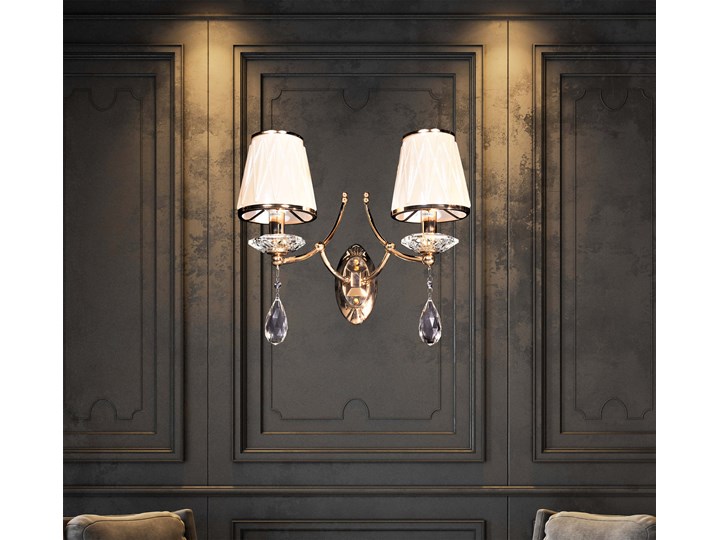 LAMPA ŚCIENNA KINKIET KRYSZTAŁOWY ZŁOTY DOMINNI W2 Kinkiet z abażurem Kolor Biały Kinkiet dekoracyjny Kinkiet z kloszem Tworzywo sztuczne Metal Kategoria Lampy ścienne
