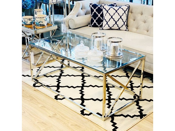 STOLIK KAWOWY METALOWY SREBRNY W STYLU NOWOJORSKIM WYBIERZ ROZMIAR ” MONTEGO ” 110x60x60H cm Zestaw stolików Ława Wysokość 50 cm Rozmiar blatu 60x110 cm Stal Szkło Kształt blatu Prostokątne