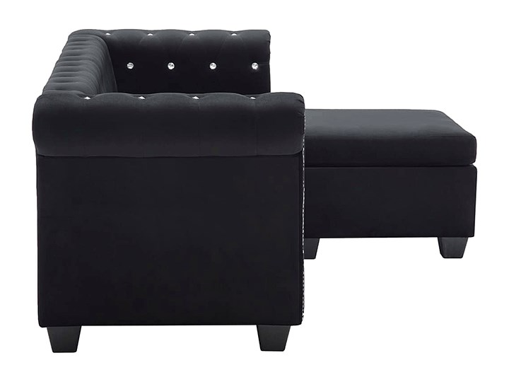 Aksamitny narożnik w stylu Chesterfield Charlotte 4Q - czarny Szerokość 142 cm Szerokość 165 cm Wysokość 42 cm Wysokość 72 cm Szerokość 199 cm Typ Pikowane
