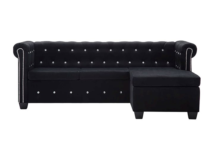 Aksamitny narożnik w stylu Chesterfield Charlotte 4Q - czarny Szerokość 142 cm Szerokość 199 cm Wysokość 72 cm Strona Prawostronne Wysokość 42 cm Szerokość 165 cm Boki Z bokami