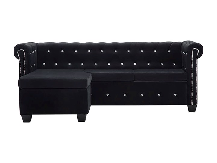 Aksamitny narożnik w stylu Chesterfield Charlotte 4Q - czarny Wysokość 72 cm Szerokość 165 cm Szerokość 142 cm Wysokość 42 cm Szerokość 199 cm Rozkładanie