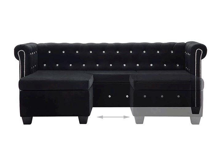 Aksamitny narożnik w stylu Chesterfield Charlotte 4Q - czarny Wysokość 42 cm Styl Klasyczny Szerokość 165 cm Szerokość 142 cm Wysokość 72 cm Szerokość 199 cm Boki Z bokami