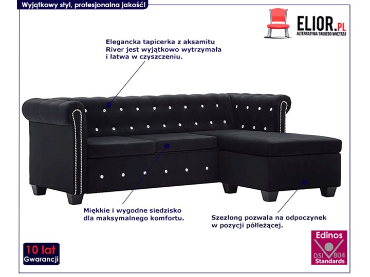 Aksamitny narożnik w stylu Chesterfield Charlotte 4Q - czarny Wysokość 42 cm Szerokość 165 cm Szerokość 199 cm Szerokość 142 cm Typ Gładkie Wysokość 72 cm Typ Pikowane