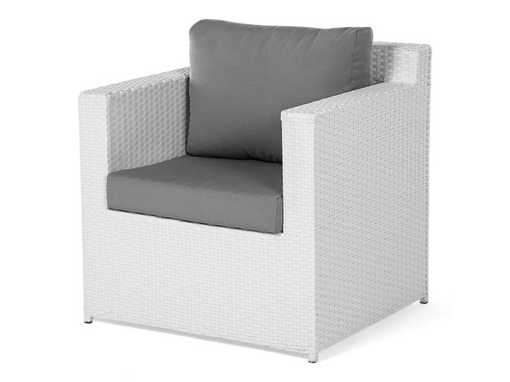Zestaw mebli ogrodowych 5-osobowy biały rattan szare poduszki sofa 2 fotele pufa stolik Tworzywo sztuczne Kategoria Zestawy mebli ogrodowych Technorattan Aluminium Zestawy wypoczynkowe Styl Nowoczesny