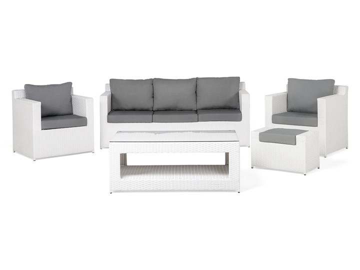 Zestaw mebli ogrodowych 5-osobowy biały rattan szare poduszki sofa 2 fotele pufa stolik Aluminium Kategoria Zestawy mebli ogrodowych Technorattan Zestawy wypoczynkowe Tworzywo sztuczne Styl Nowoczesny