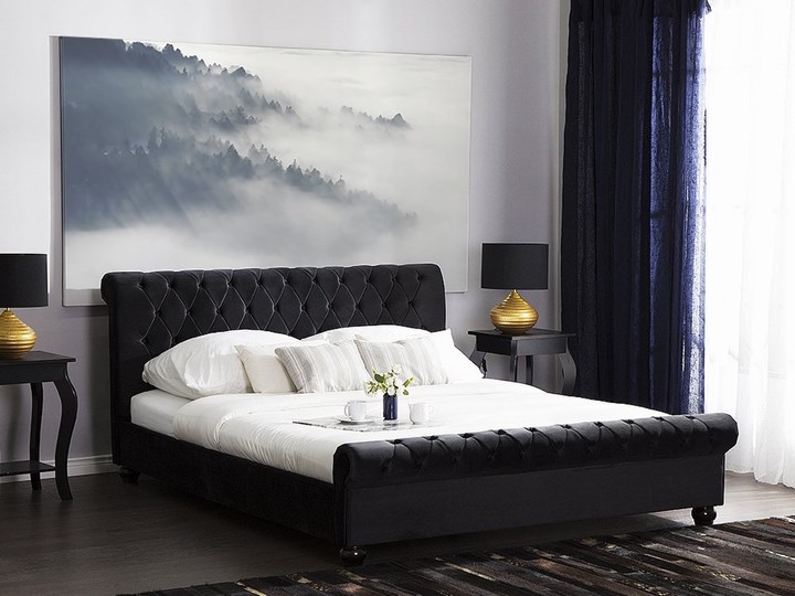 Łóżko ze stelażem czarne welurowe 160 x 200 cm z zagłówkiem pikowane styl glamour Kategoria Łóżka do sypialni Łóżko tapicerowane Kolor Czarny