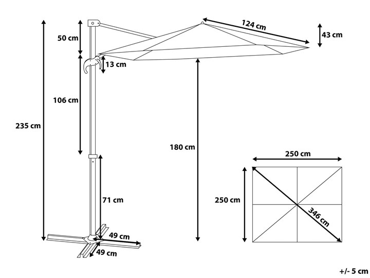 Parasol ogrodowy jasnobeżowy na wysięgniku 250 x 250 cm podwieszany ciemnoszara aluminiowa rama Kolor Szary