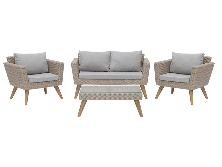 Zestaw mebli ogrodowych 4-osobowy wypoczynkowy szaro-brązowy technorattan sofa dwa fotele poduszki stolik kawowy Zestawy wypoczynkowe Stal Zestawy kawowe Tworzywo sztuczne Kategoria Zestawy mebli ogrodowych