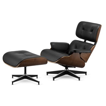 Fotel Lucera z podnóżkiem insp. Lounge Chair Czarna Skóra Ciemny orzech Czarna-z-chromowanymi-grzbietami
