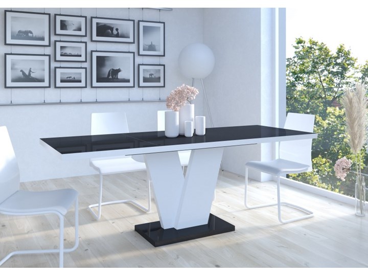 Designerski stół rozkładany Niko w połysku z czarnym blatem i białą nogą Tworzywo sztuczne Wysokość 70 cm Wysokość 75 cm Długość po rozłożeniu 160 cm