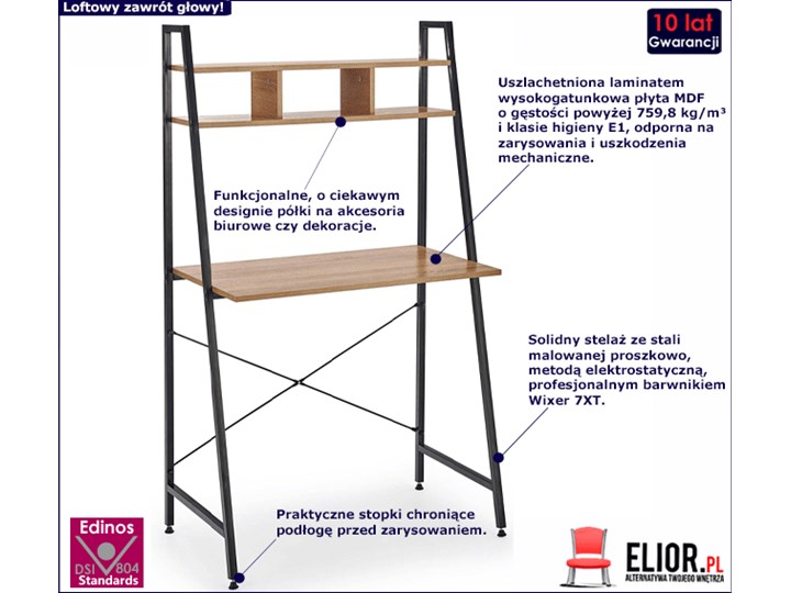 Loftowe biurko Lusso 3X - dąb sonoma Szerokość 84 cm Biurko drabina Głębokość 46 cm Styl Vintage Styl Industrialny