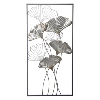LIŚCIE MIŁORZĘBU dekoracja ścienna metalowe srebrne liście w ramie, 100x50 cm