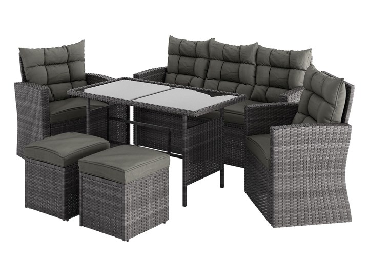 MEBLE OGRODOWE DLA 7 OSÓB RATTAN 1090 POPIEL Zestawy wypoczynkowe Zawartość zestawu Sofa Zestawy obiadowe Zawartość zestawu Puf
