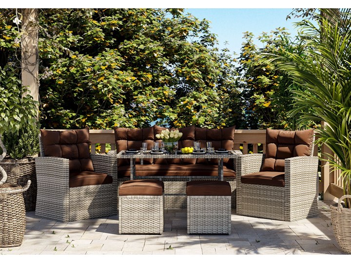 MEBLE OGRODOWE DLA 7 OSÓB RATTAN 1090 JASNY POPIEL ( MOULD ) Technorattan Zawartość zestawu Sofa Zestawy obiadowe Zestawy wypoczynkowe Stal Kategoria Zestawy mebli ogrodowych