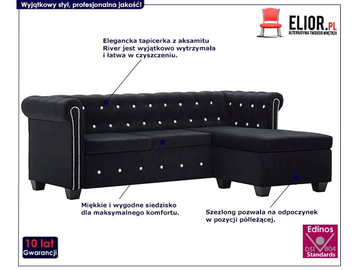 Aksamitny narożnik w stylu Chesterfield Charlotte 4Q - czarny Szerokość 199 cm Szerokość 165 cm Szerokość 142 cm Wysokość 42 cm Wysokość 72 cm Strona Prawostronne