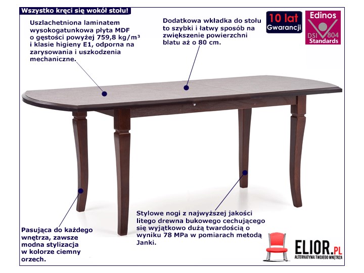 Stół rozkładany Lister XL - ciemny orzech Wysokość 74 cm Płyta laminowana Szerokość 90 cm Rozkładanie Długość 160 cm  Drewno Rozkładanie Rozkładane