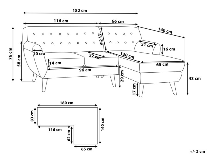 Narożnik lewostronny niebieski 3-osobowy pikowany styl skandynawski W kształcie L Strona Lewostronne Szerokość 182 cm Nóżki Na nóżkach