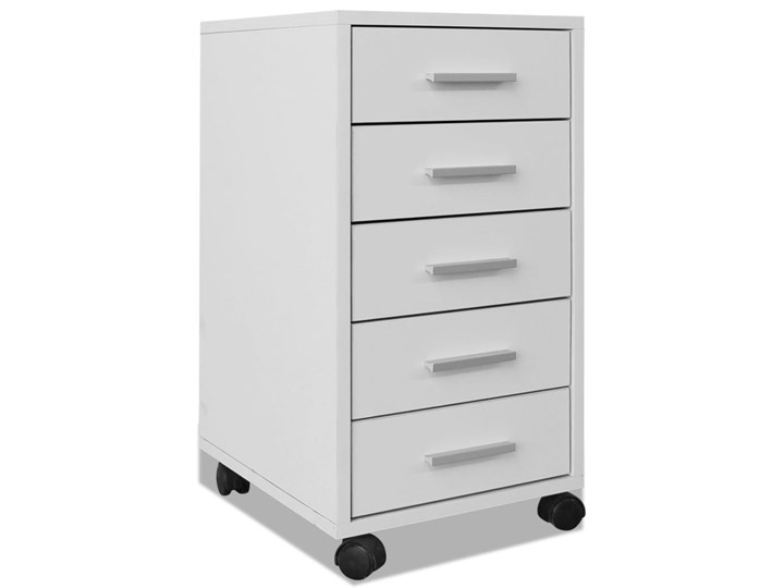 vidaXL Szafka biurowa z kółkami i 5 szufladami, w kolorze białym Płyta laminowana Głębokość 38 cm Szerokość 33 cm Wysokość 63 cm Płyta MDF Metal Na kółkach Uniwersalne Płyta meblowa Styl Nowoczesny