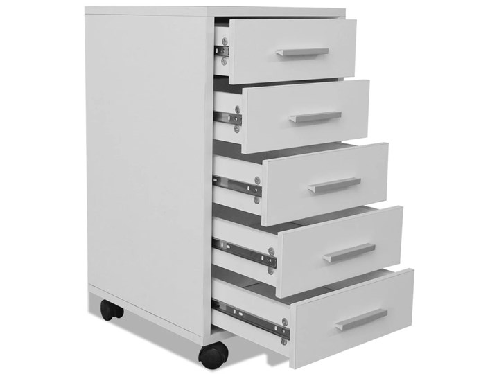 vidaXL Szafka biurowa z kółkami i 5 szufladami, w kolorze białym Metal Głębokość 38 cm Wysokość 63 cm Styl Nowoczesny Płyta MDF Płyta laminowana Płyta meblowa Uniwersalne Na kółkach Szerokość 33 cm Pomieszczenie Biuro i pracownia