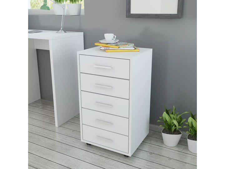 vidaXL Szafka biurowa z kółkami i 5 szufladami, w kolorze białym Głębokość 38 cm Na kółkach Szerokość 33 cm Płyta laminowana Płyta meblowa Metal Uniwersalne Wysokość 63 cm Płyta MDF Styl Nowoczesny