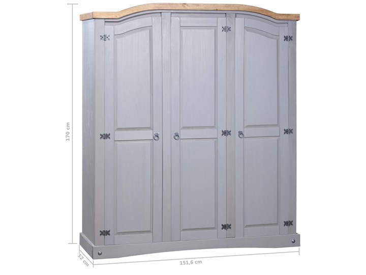 vidaXL Szafa sosnowa w meksykańskim stylu Corona, 3-drzwiowa, szara Wysokość 170 cm Drewno Metal Styl Rustykalny