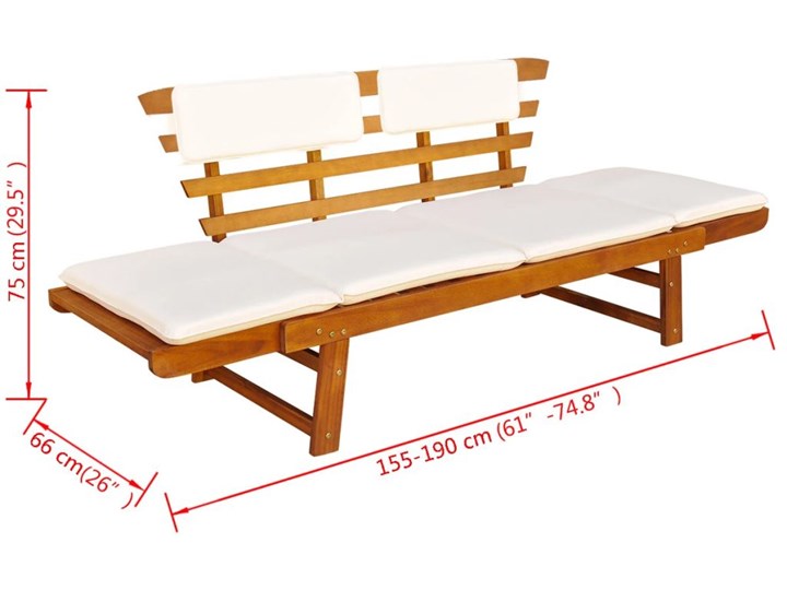 vidaXL Ławka ogrodowa z poduszkami, 2w1, 190 cm, lite drewno akacjowe Z oparciem Kolor Brązowy