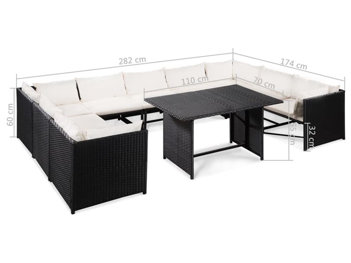 vidaXL 10-cz. zestaw mebli do ogrodu, poduszki, rattan PE, czarny Technorattan Zestawy wypoczynkowe Zestawy modułowe Zawartość zestawu Narożnik