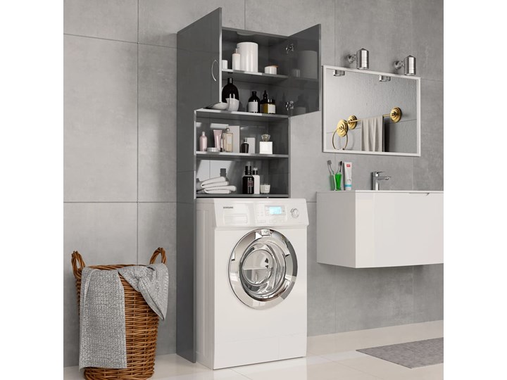 vidaXL Szafka na pralkę, wysoki połysk, szara, 64x25,5x190 cm Płyta MDF Szerokość 64 cm Głębokość 26 cm Rodzaj frontu Drzwiczki Płyta stolarska Kategoria Szafki stojące