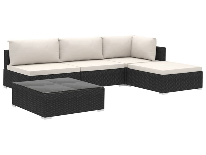 vidaXL 5-cz. zestaw mebli do ogrodu, poduszki, rattan PE, czarny Zawartość zestawu Stolik Stal Zestawy modułowe Zestawy wypoczynkowe Tworzywo sztuczne Zestawy kawowe Kategoria Zestawy mebli ogrodowych