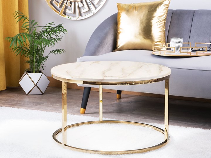 Stolik kawowy biały efekt marmuru złota stalowa rama 43 x 70 cm styl glam Płyta MDF Metal Kolor Złoty