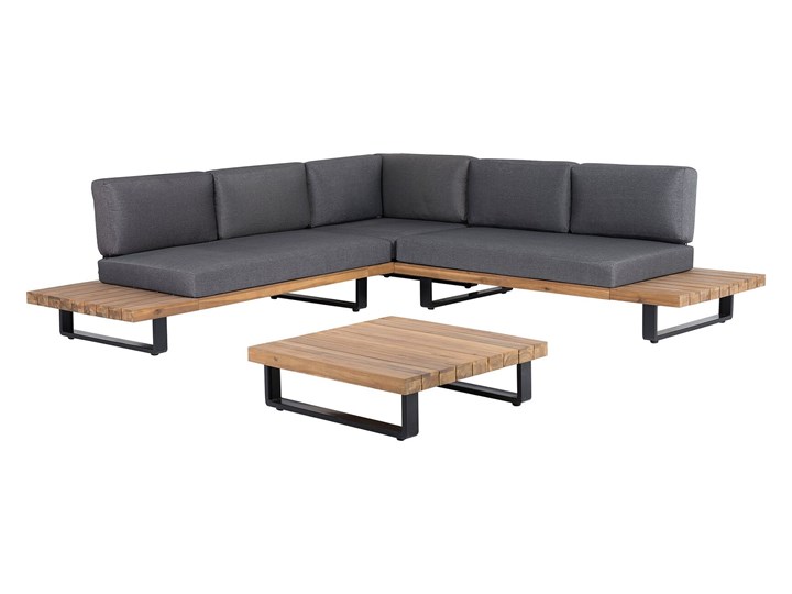 Zestaw mebli ogrodowych lite drewno akacjowe 5-osobowy szare poduchy modułowy narożnik stolik kawowy Zestawy wypoczynkowe Aluminium Tworzywo sztuczne Zawartość zestawu Sofa Zestawy modułowe Zestawy kawowe Styl Nowoczesny