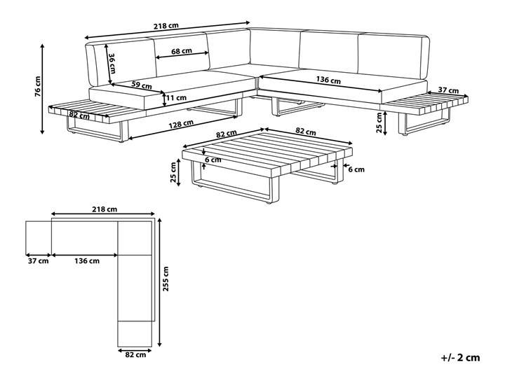 Zestaw mebli ogrodowych lite drewno akacjowe 5-osobowy szare poduchy modułowy narożnik stolik kawowy Zawartość zestawu Sofa Aluminium Zestawy wypoczynkowe Zestawy modułowe Zestawy kawowe Tworzywo sztuczne Styl Nowoczesny