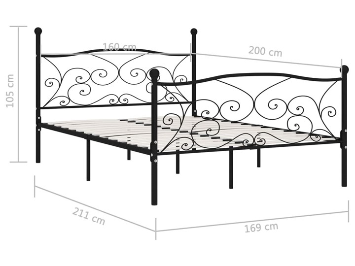 vidaXL Rama łóżka ze stelażem z listw, czarna, metalowa, 160 x 200 cm Łóżko metalowe Styl Nowoczesny Zagłówek Z zagłówkiem
