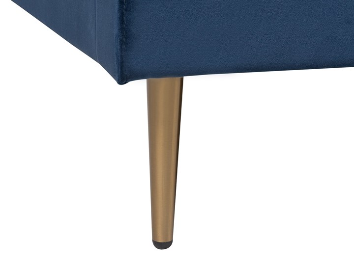 Łóżko ze stelażem niebieskie tapicerowane welurem złote nóżki 160 x 200 cm wysokie wezgłowie retro design Łóżko tapicerowane Kolor Złoty Kolor Granatowy