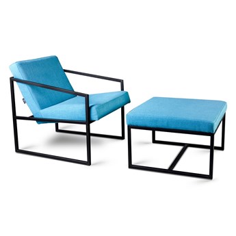 Fotel z Podnóżkiem RIAU tapicerowany nowoczesny styl industrialny do salonu Niebieski