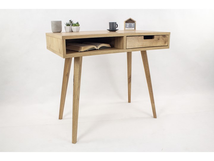 Dębowe Biurko Skandynawskie Lea z szufladą i półką - dębowy front, styl skandynawski Płyta MDF Głębokość 50 cm Szerokość 88 cm Styl Nowoczesny Biurko konsola Kolor Beżowy