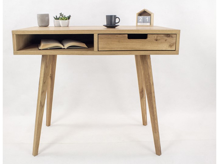 Designerskie Dębowe Biurko Skandynawskie Lea z szufladą i półką - dębowy front, styl skandynawski Biurko konsola Drewno Płyta MDF Kategoria Biurka Kolor Beżowy
