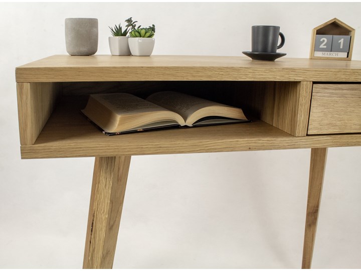 Designerskie Dębowe Biurko Skandynawskie Lea z szufladą i półką - dębowy front, styl skandynawski Drewno Płyta MDF Biurko konsola Kategoria Biurka Kolor Beżowy