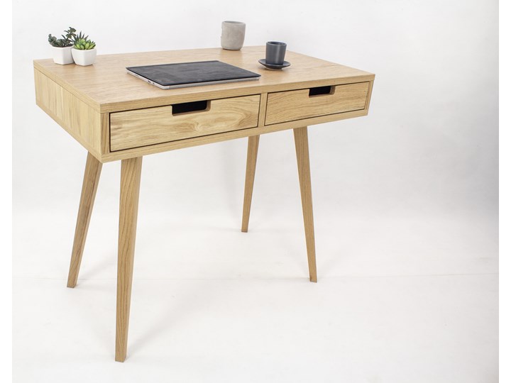 Designerskie Dębowe Biurko Skandynawskie Lea z dwiema szufladami - dębowe fronty, w stylu skandynawskim, drewniane Głębokość 50 cm Biurko konsola Szerokość 88 cm Drewno Płyta MDF Kategoria Biurka