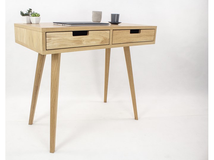Designerskie Dębowe Biurko Skandynawskie Lea z dwiema szufladami - dębowe fronty, w stylu skandynawskim, drewniane Szerokość 88 cm Drewno Płyta MDF Głębokość 50 cm Kolor Beżowy Biurko konsola Kategoria Biurka