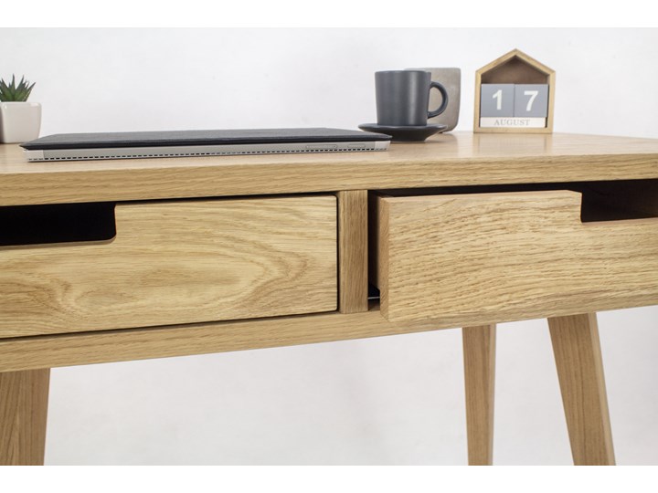 Designerskie Dębowe Biurko Skandynawskie Lea z dwiema szufladami - dębowe fronty, w stylu skandynawskim, drewniane Szerokość 88 cm Płyta MDF Głębokość 50 cm Drewno Kolor Beżowy Biurko konsola Kategoria Biurka