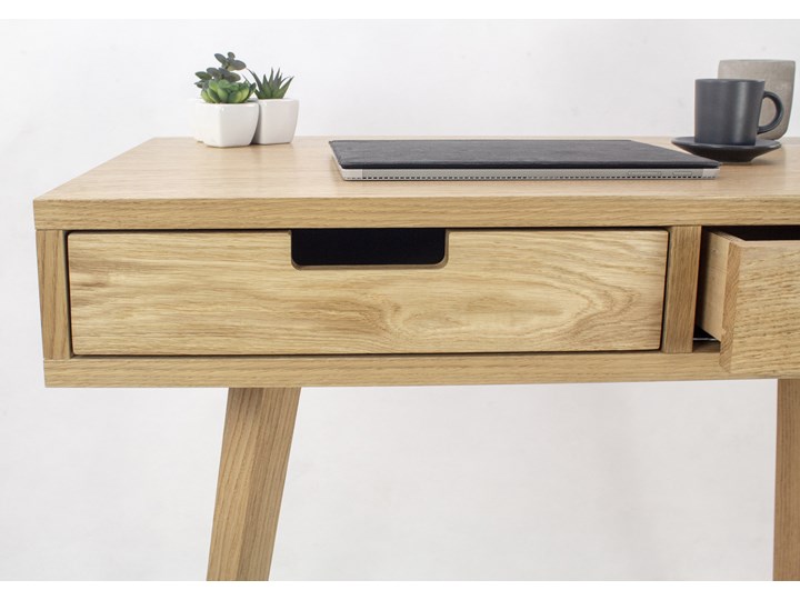 Designerskie Dębowe Biurko Skandynawskie Lea z dwiema szufladami - dębowe fronty, w stylu skandynawskim, drewniane Biurko konsola Drewno Płyta MDF Głębokość 50 cm Szerokość 88 cm Kolor Beżowy
