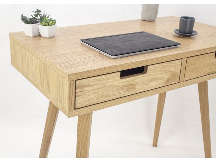 Designerskie Dębowe Biurko Skandynawskie Lea z dwiema szufladami - dębowe fronty, w stylu skandynawskim, drewniane Płyta MDF Szerokość 88 cm Głębokość 50 cm Drewno Biurko konsola Kolor Beżowy